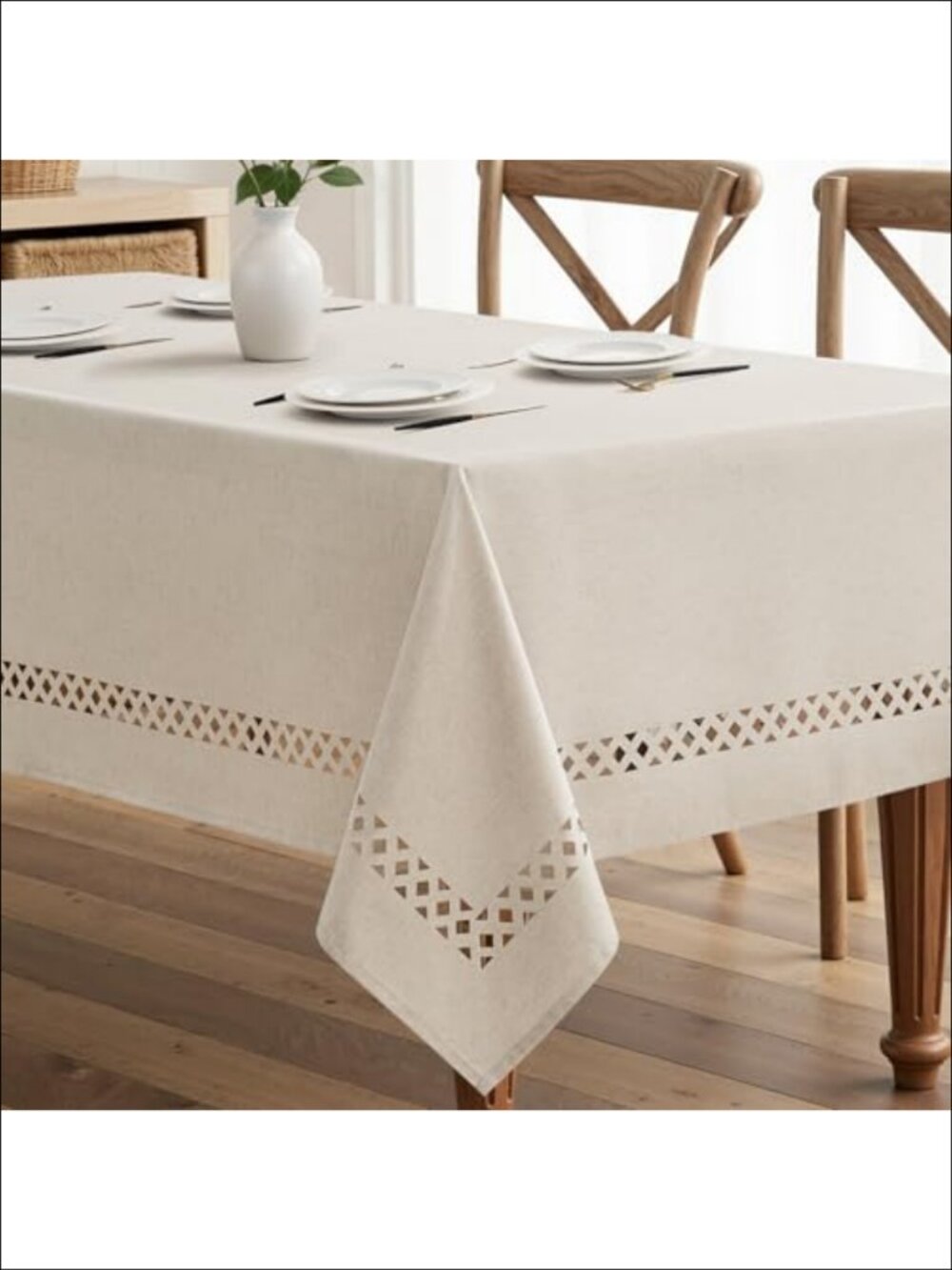 Faux Linen Rectangle Tablecloth 60x104 Cutout Border Stain Resistant